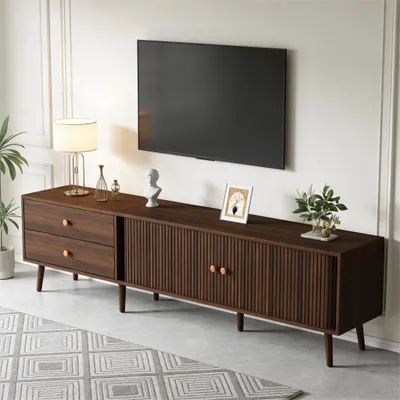 Produktbild von okwish TV-Schrank Lowboard mit Rolltüren und 2 Schubladen Fernsehbank Wohnzimmerschränke mit Stauraum für Fernseher bis zu 80 Zoll Nussbaum