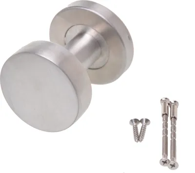 A stainless steel door knob and screws on a white background.