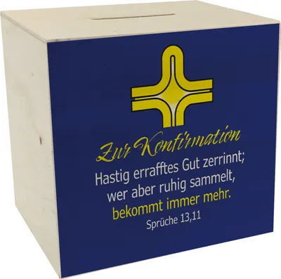 Produktbild von Zur Konfirmation Spardose aus Holz mit Bibelvers Sprüche 13,11