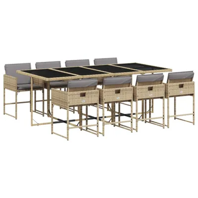 Produktbild von 9-tlg. Garten-Essgruppe mit Kissen Beigemischung Poly Rattan
