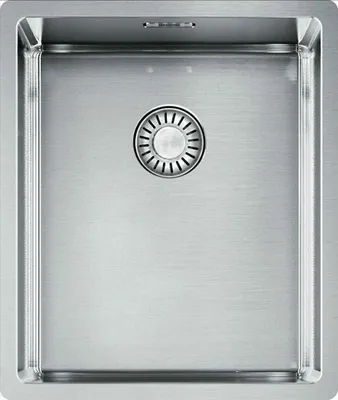 A top-down view of a stainless steel kitchen sink with a drain.