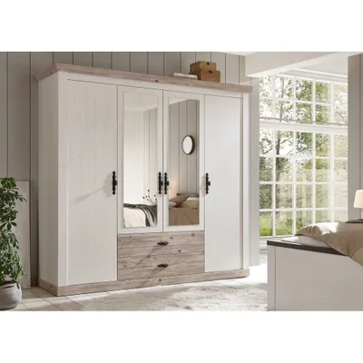 Produktbild von Kleiderschrank 4 türig  mit Spiegel FERNA-61 in Pinie weiß Nb. mit Absetzungen in Pinie dunkel Nb., B/H/T: ca. 217/201/60 cm