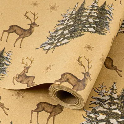 Image de Papier d'emballage de Noël, motif renne et sapin, couleur marron, dimensions 43 x 10 mètres