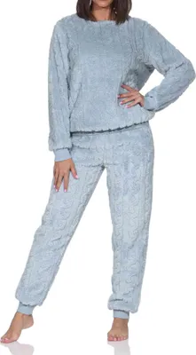 Produktbild von Damen langarm Schlafanzug Hausanzug mit Bündchen aus kuscheligen Sherpa-Fleece ; hellblau , 48