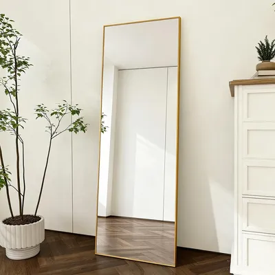 Image de Miroir de pied INONEFT, 164x54 cm, miroir de corps entier, cadre en aluminium doré, design minimaliste, peut être posé au sol ou fixé au mur. Grand miroir mural, doré