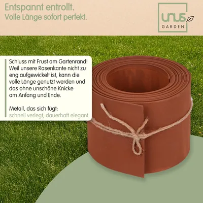 A rolled-up garden edging product is shown on a grassy background, with descriptive text and a logo.