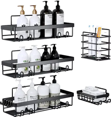 Produktbild von 5er-Pack Duschablagen, 32 cm (12,6 Zoll), selbstklebend, silberfarben, ohne Bohren.