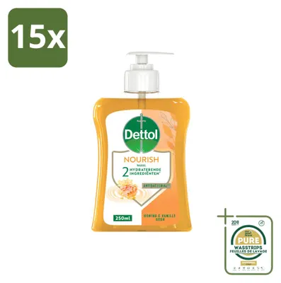 Obrázok produktu pre 15 kusov tekutého mydla Dettol Nourish na ruky, vôňa medu a vanilky, objem 250 ml – balenie