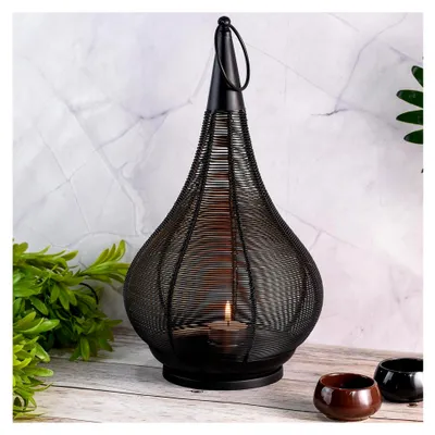 Produktbild von Windlicht Askil schwarz Metall Tropfenform H 36cm Handarbeit orientalisch modern Boho Laterne Teelichthalter Deko für Wohnzimmer Balkon Terrasse Garten Innen Außen Design Lichtspiel