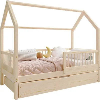 Obrázek produktu pro TIMBEE ZOJA Postel Box house Dětská postel Dřevěná postel se zásuvkou - nelakovaná - 90x180cm