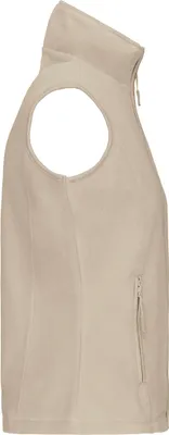 A side view of a beige fleece vest.