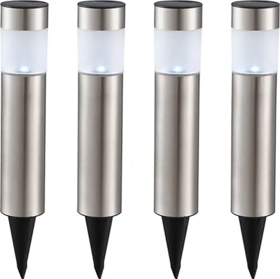 Four identical solar-powered garden lights arranged in a row against a white background.