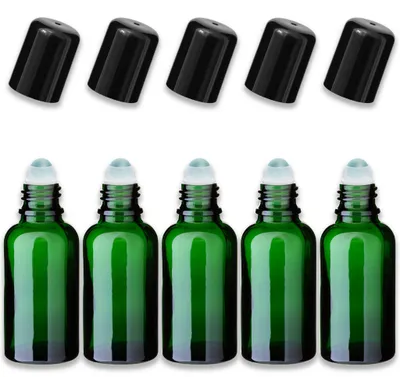 Produktbild von 5x Grüne Glasflasche 30 ml Roll-On mit schwarzem Verschluss Leer 18 mm