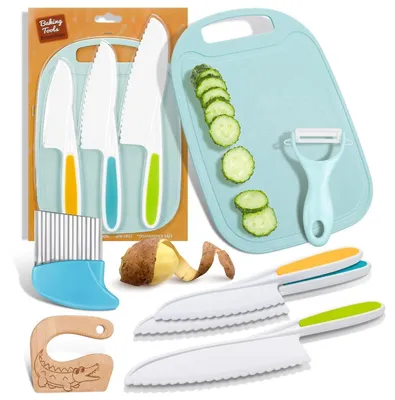Image de Ensemble de 7 couteaux de cuisine pour enfants, avec économe et planche à découper, à partir de 4 ans