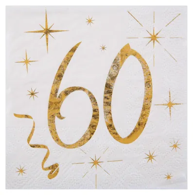 Produktbild von Cocktailservietten mit Jahreszahl zum Geburtstag in Gold, 12.5x12.5cm, 3-lagig, 20 Stück, Alter:60