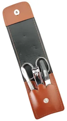 Produktbild von 4-teiliges Solingen* Maniküre Set mit echt Leder Etui, Nagelschere, Feile, Pinzette Braun