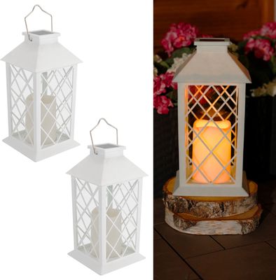 LUMILED Solarlaterne für Außen Solar Laternen für Draußen 2x LED Glas Laterne Solarleuchte mit Kerze Flacker Effekt Kerze IP44 Vintage weiß