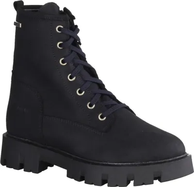 A black lace-up boot with a thick sole, shown from a side angle against a white background.