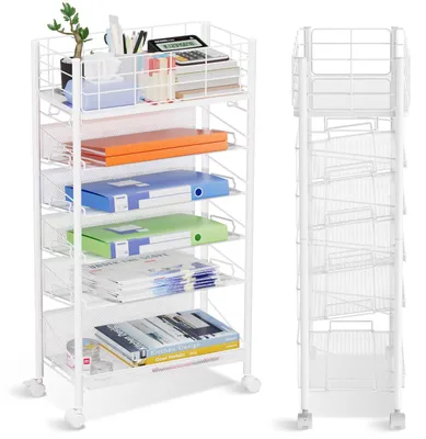 Productafbeelding van Mobiele archiefwagen met wielen, metalen archiefwagen met 6 etages voor op het bureau, mobiele boekenkast met wielen voor kantoor, thuis, school, bibliotheek, lerarenkamer, wit