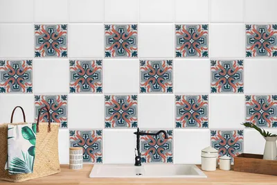 Produktbild von 24 Stück Laminierter Selbstklebende Wandaufkleber Für Bad Küche Gelbes Blaues Retro-Muster 10 x 10 cm