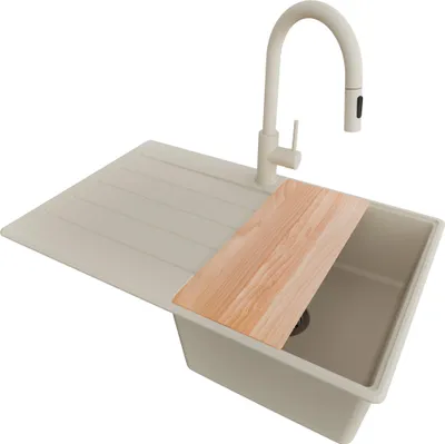 Produktbild von PRIMAGRAN Granitspüle Beige 78x50cm, Spülbecken 1 Becken + Küchenarmatur 40x20cm + Ablauf-Set + Schneidebrett, Küchenspüle ab 45er Unterschrank - Kopenhagen