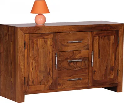 Produktbild von WOHNLING Sideboard Massivholz Sheesham Kommode 118 cm 3 Schubladen 2 Türen Design Highboard Landhaus-Stil braun natur
