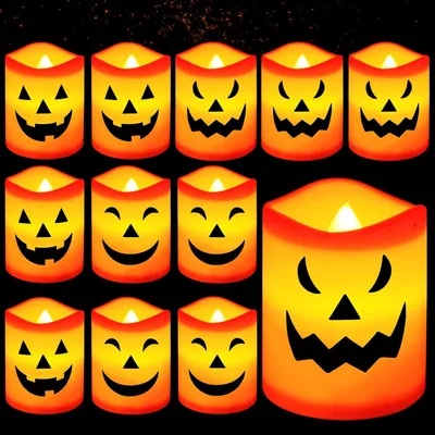 Immagine prodotto di Set di 12 candele a LED per Halloween, senza fiamma, a forma di zucca, candele a pilastro a LED, ideali per decorazioni interne ed esterne, feste