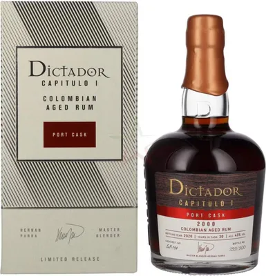 Obrázek produktu pro Dictador, KAPITOLA I, 20 let zrálejší rum, uložený v sudech po portském vínu, kolumbijská produkce, ročník 2000, 43 %, objem 0,70 litru.
