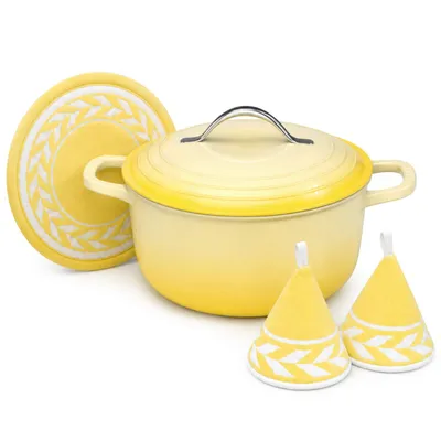 Produktbild von 7,1L-Gusseisentopf mit Edelstahlgriff – Inklusive Ofenhandschuhen und Untersetzer – Geeignet zum Backen in der Küche Gelb
