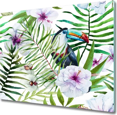 Imagen del producto de Plato de vitrocerámica para encimera, 60x52 cm. Protector de salpicaduras de vidrio. Tabla de cortar. Diseño de tucán tropical