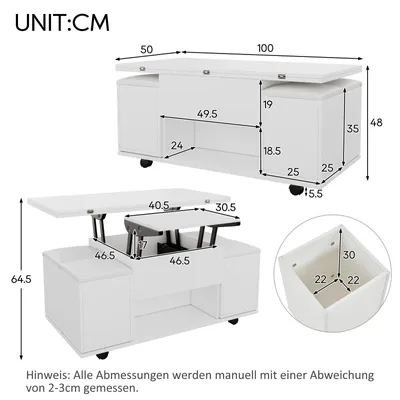 Image de Table basse 3 en 1 - Table multifonctionnelle transformable - Réglable en hauteur - 4 tabourets - Rangement intégré - Roulettes - Blanche
