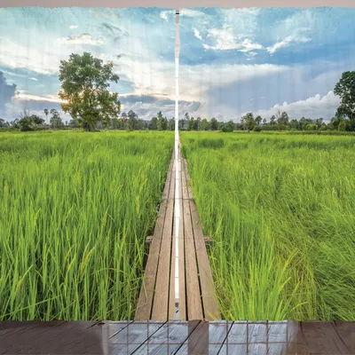 Produktbild von ARANDE asiatisch Gardine, Alte Holzbrücke zwischen Reisfeld mit Sonnenlicht bei Khonburi Thailand, 280 x 225 cm, Grün Hellblau Tan