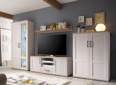 Produktbild von ELEGANCE Wohnwand Landhausstil, Sibiu Lärche Nb., San Remo hell, LED-Beleuchtung, ca. 329 x 201 x 50 cm, 4-teilig (erweiterbar auf 5)