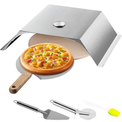 Produktbild von VEVOR Pizzaaufsatz Gasgrill, 3 Stk. Pizzahaube 48x35x17 cm Holzkohlegrill Pizzaofen, 50-300 ℃ Edelstahl Pizzaaufsatz 3 kg Pizzaofen Outdoor Garten Pizzastein Pizzakruste Pizzaschneider, Bürste