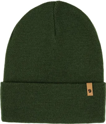 A single green knit hat is shown against a white background.