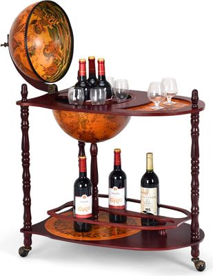 Globusbar House Bar Extra Large, masivní stojan na víno, barový vozík Vintage, koktejlový bar Wiskybar se základní deskou, sloupek z eukalyptového dřeva se 3 kolečky, minibar Bar Dekobar 70 x 45 x 88 cm hnědý