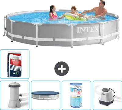 Produktbild von Intex Round Prism Frame Swimming Pool – 366 x 76 cm – Grau – inklusive Pumpe Abdeckung - Filter - Salzwassersystem - Poolsalz