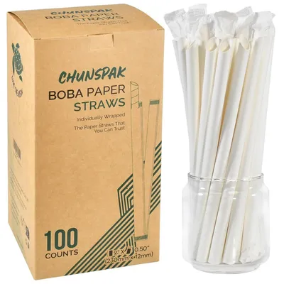 Immagine prodotto di Cannucce di carta monouso per bubble tea, biodegradabili, lunghe 23 cm, larghe 12 mm, confezione da 100 pezzi, colore bianco