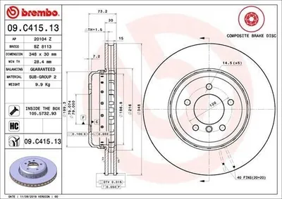 Image de 2x BREMBO disque de frein 09.C415.13 pour BMW Z4 Roadster (E89) 73mm 348mm