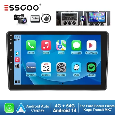 Zdjęcie produktu dla Radio samochodowe Android 14 z 9-calowym ekranem dotykowym, obsługujące Carplay, Android Auto, GPS, Bluetooth, Wi-Fi, z 4 GB pamięci RAM i 64 GB pamięci wewnętrznej, format 2 DIN, przeznaczone do samochodów Ford Transit MK7 i Focus II