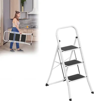 Produktbild von ACXIN Trittleiter Klappbar 3 Stufen – Haushaltsleiter aus Stahl, rutschfeste Trittflächen, Sicherheitsverriegelung, 150 kg belastbar, Klappleiter für Küche, Werkstatt, Büro, Weiß-Schwarz