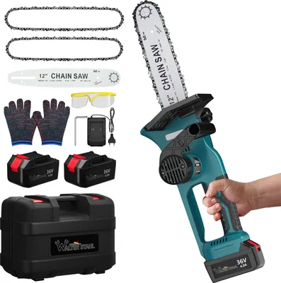 Produktbild von 12 Zoll Kettensäge mit Akku, 36V Elektro-Kettensäge,Tragbare Handgeführte Akku Kettensäge, 2x Batterie 2x Kette 1x Führungsplatte und 1x Ladegerät ent