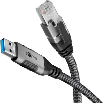 Produktbild von Ethernet-Kabel USB-A 3.2 Gen1 Stecker > RJ-45 Stecker (schwarz/silber, 1,5 Meter, geflochtener Textilmantel)