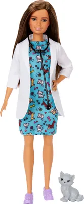 Produktbild von Barbie Tierärztin Puppe (brünett) mit Katze, Anziehpuppe, Karriere-Barbie