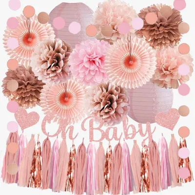 Produktbild von Babyparty Deko Set Rosa Mädchen Rosegold Pastell Girlande Pompons Quasten