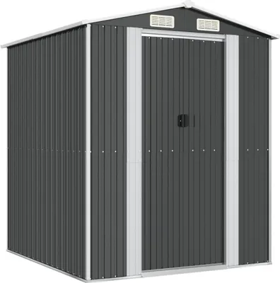 A dark gray metal shed with silver trim and a white roof, shown from a front-diagonal angle against a white background.