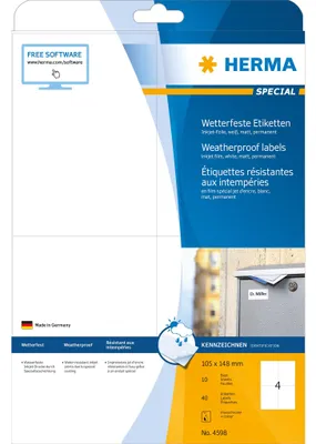 Produktbild von HERMA 4598, Weiß, Rechteck, Permanent, 105 x 148, A4, Papier