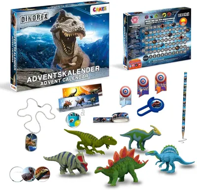 Immagine prodotto di Calendario dell'Avvento DINOREX per bambini - Calendario dell'Avvento a tema dinosauri - Calendario natalizio con figure di dinosauri e accessori per la scrittura