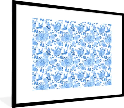 Produktbild von MuchoWow® Gerahmtes Poster Blumen - Muster - Blau 80x60 cm - Poster mit Schwarzem Bilderrahmen Wandposter Rahmen Foto Bilder - Schlafzimmer-Dekorationen - Fotoposter