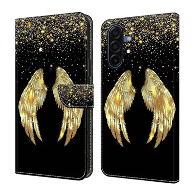 Produktbild von CLM-Tech Handyhülle kompatibel mit Samsung Galaxy A27 5G Hülle - Tasche aus Kunstleder - Klapphülle mit Ständer und Kartenfächern - Schutzhülle Wallet Case Cover goldene Flügel